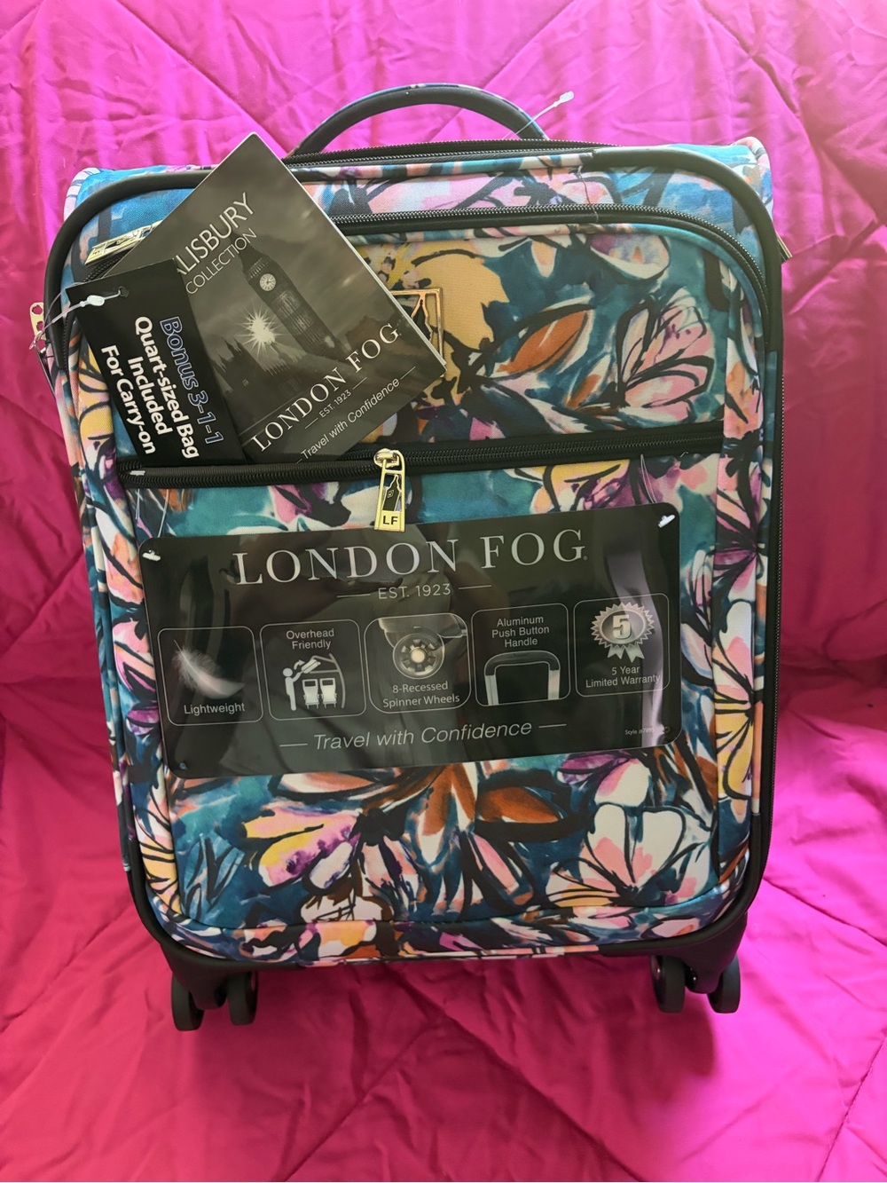 NWT London Fog Salisbury Floral 20” 8/Spinner Carry-On Teal, Pink Purple & White